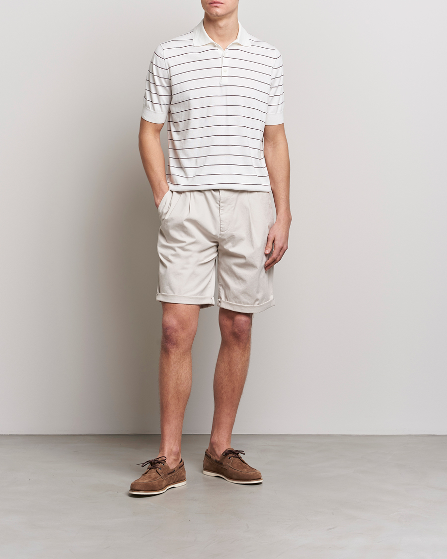 Herre | Pikéer | Brunello Cucinelli | Short Sleeve Striped Knitted Polo White/Burgundy