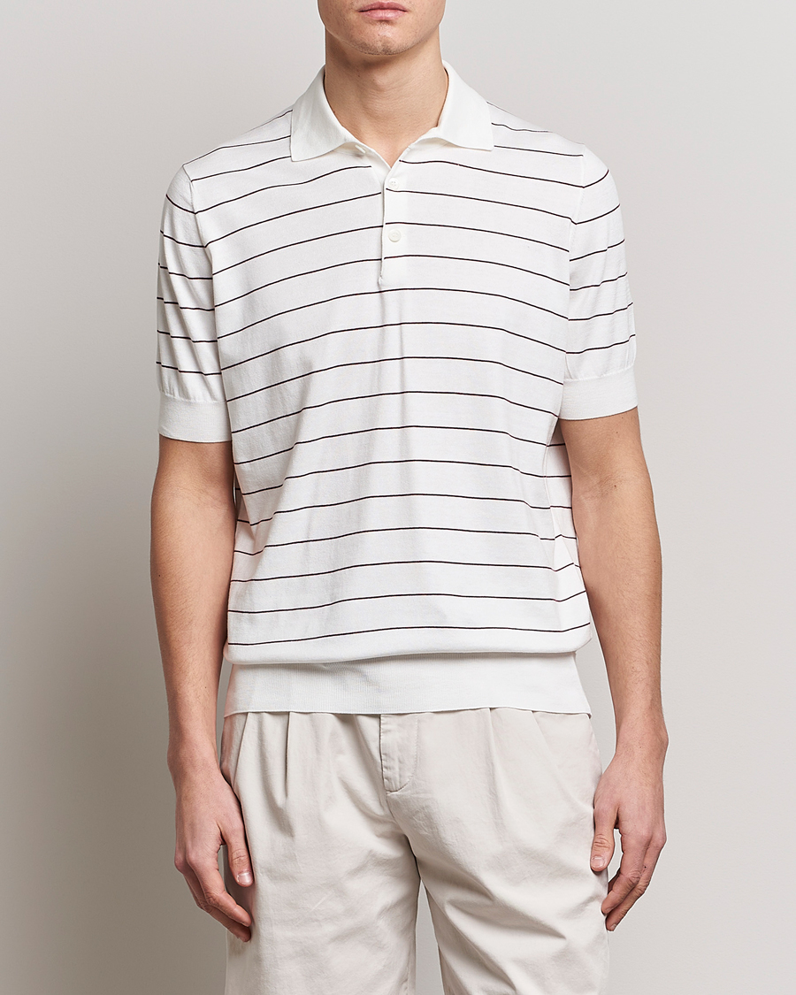 Herre | Pikéer | Brunello Cucinelli | Short Sleeve Striped Knitted Polo White/Burgundy