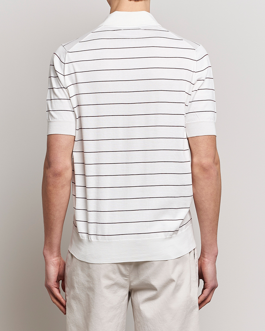 Herre | Pikéer | Brunello Cucinelli | Short Sleeve Striped Knitted Polo White/Burgundy