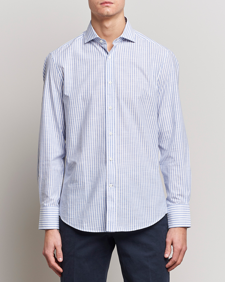 Herre |  | Brunello Cucinelli | Slim Fit Linen Striped Shirt Light Blue