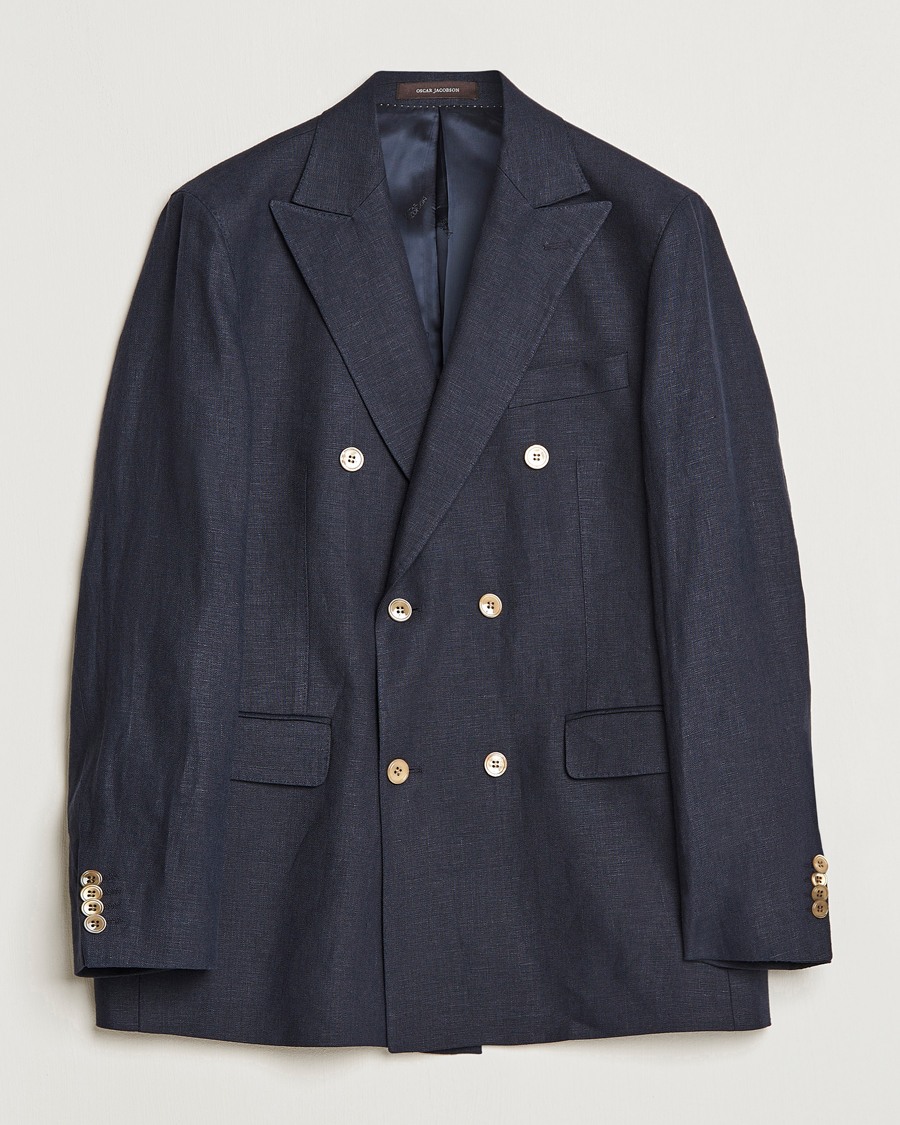 Herre | Dressjakker | Oscar Jacobson | Farris Double Breasted Linen Blazer Navy