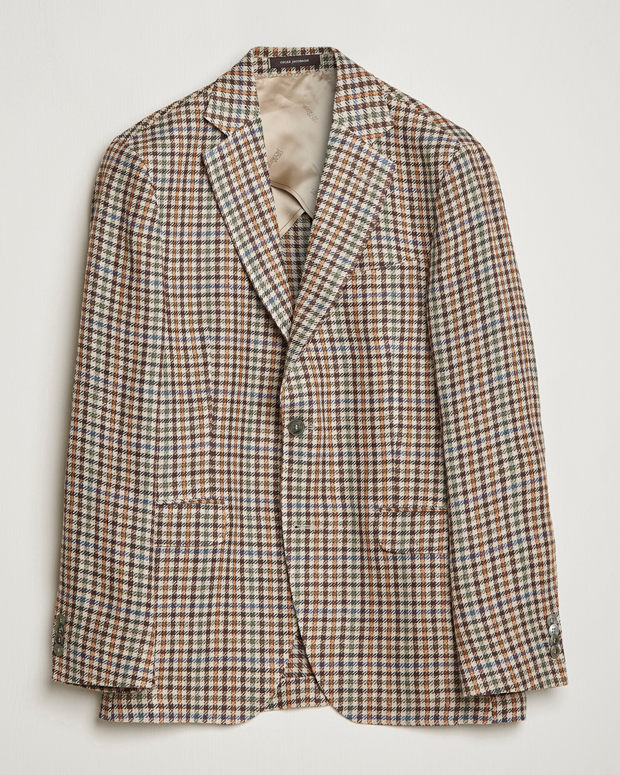 Herre | Dressjakker | Oscar Jacobson | Ferry Checked Summer Tweed Linen/Silk Blazer Brown