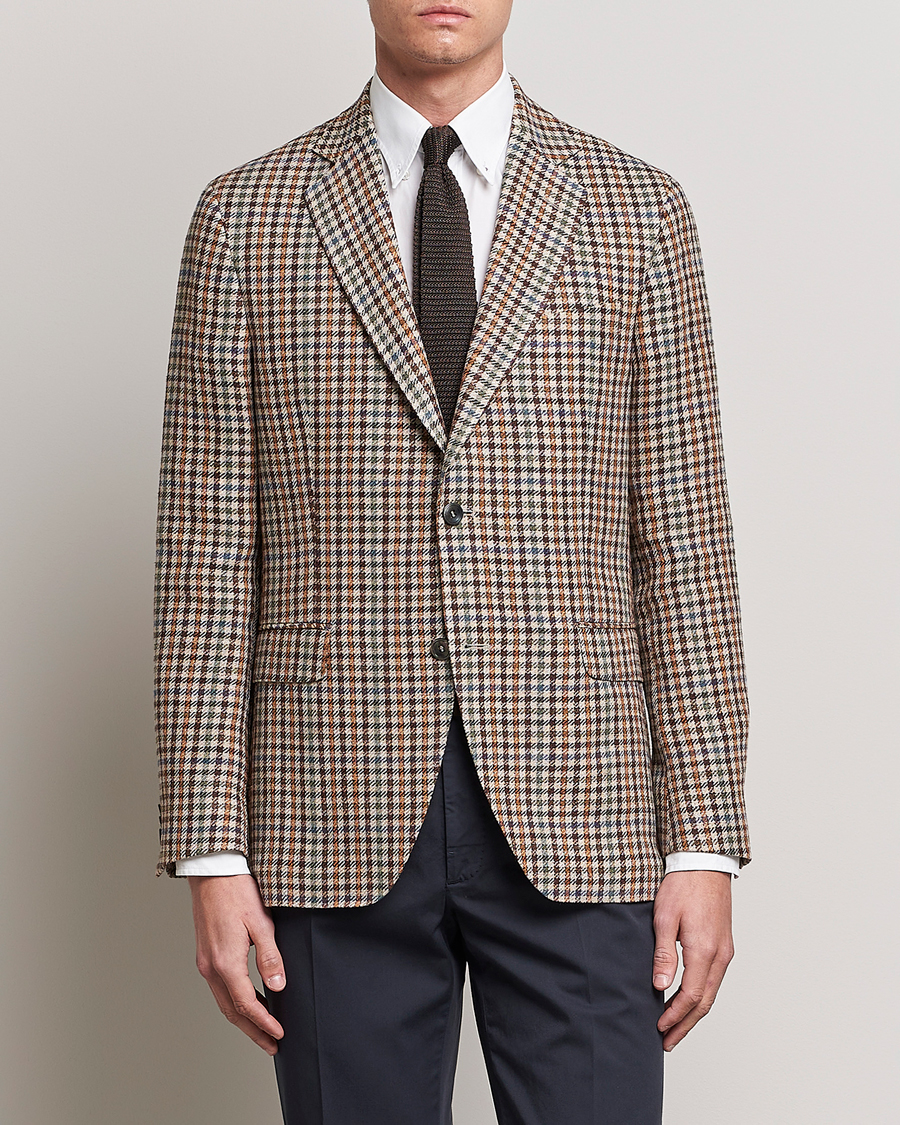 Herre | Dressjakker | Oscar Jacobson | Ferry Checked Summer Tweed Linen/Silk Blazer Brown