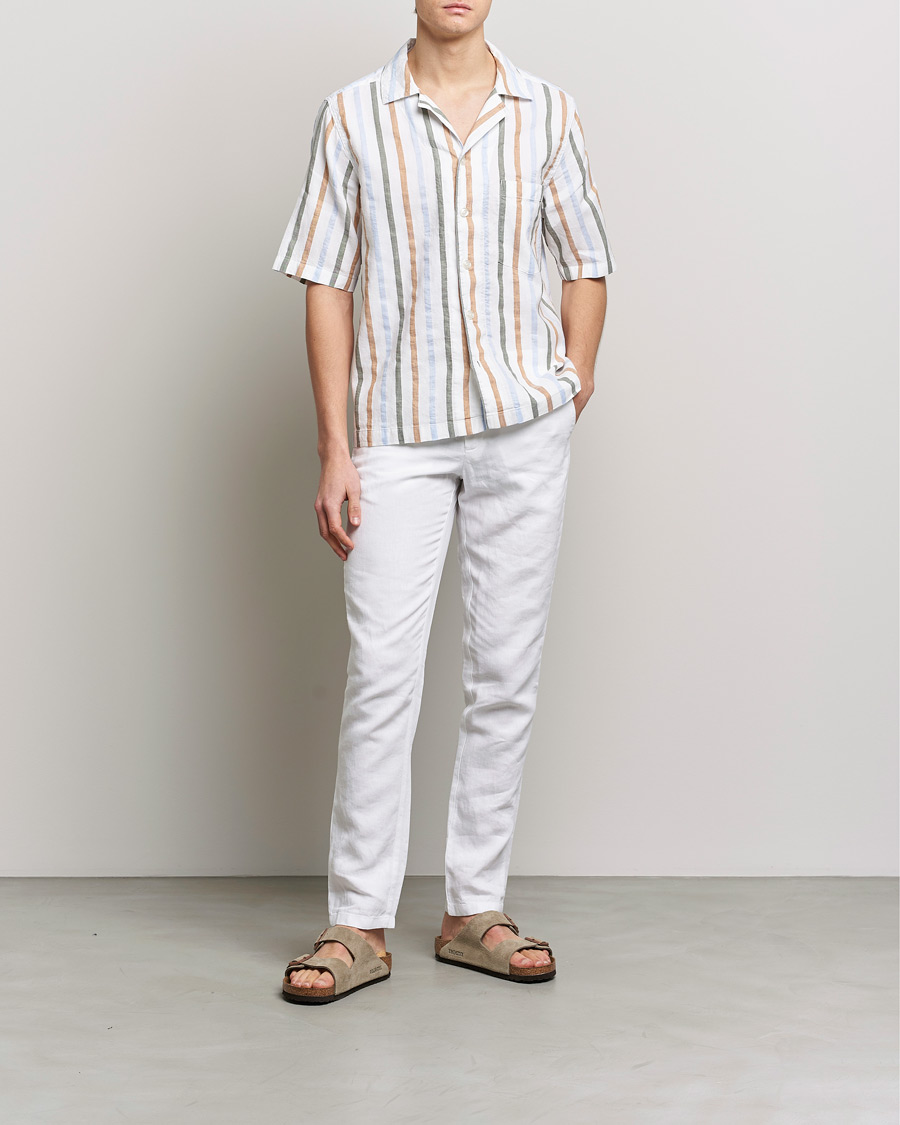 Herre | Skjorter | Oscar Jacobson | Cuban Short Sleeve Multi Stripe Shirt White