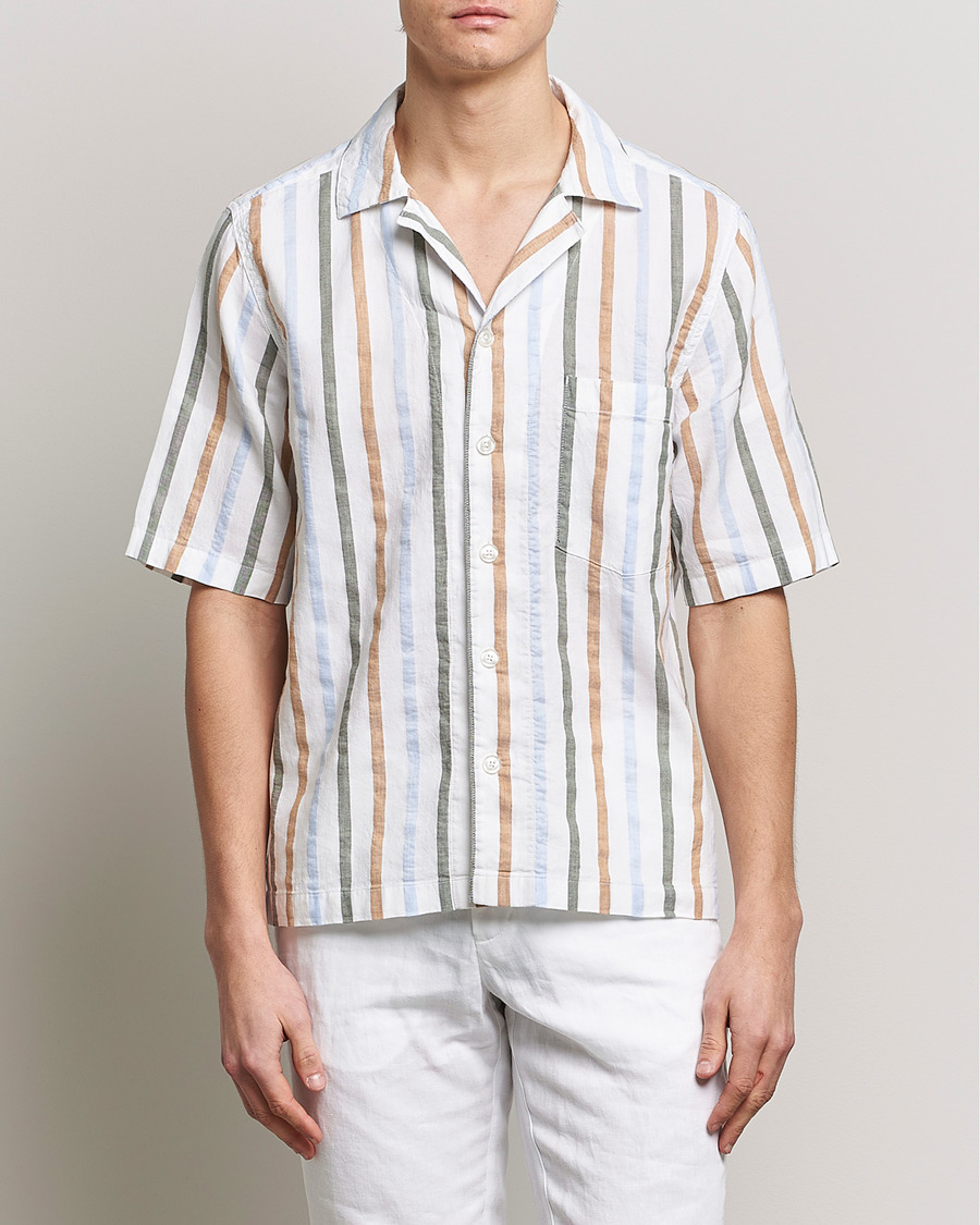 Herre | Kortermede skjorter | Oscar Jacobson | Cuban Short Sleeve Multi Stripe Shirt White