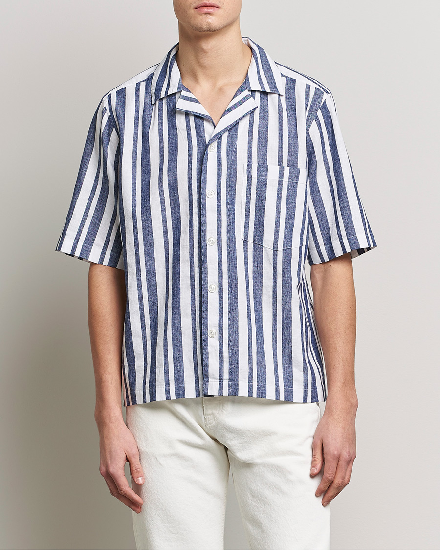 Herre |  | Oscar Jacobson | Cuban Short Sleeve Riviera Stripe Shirt White