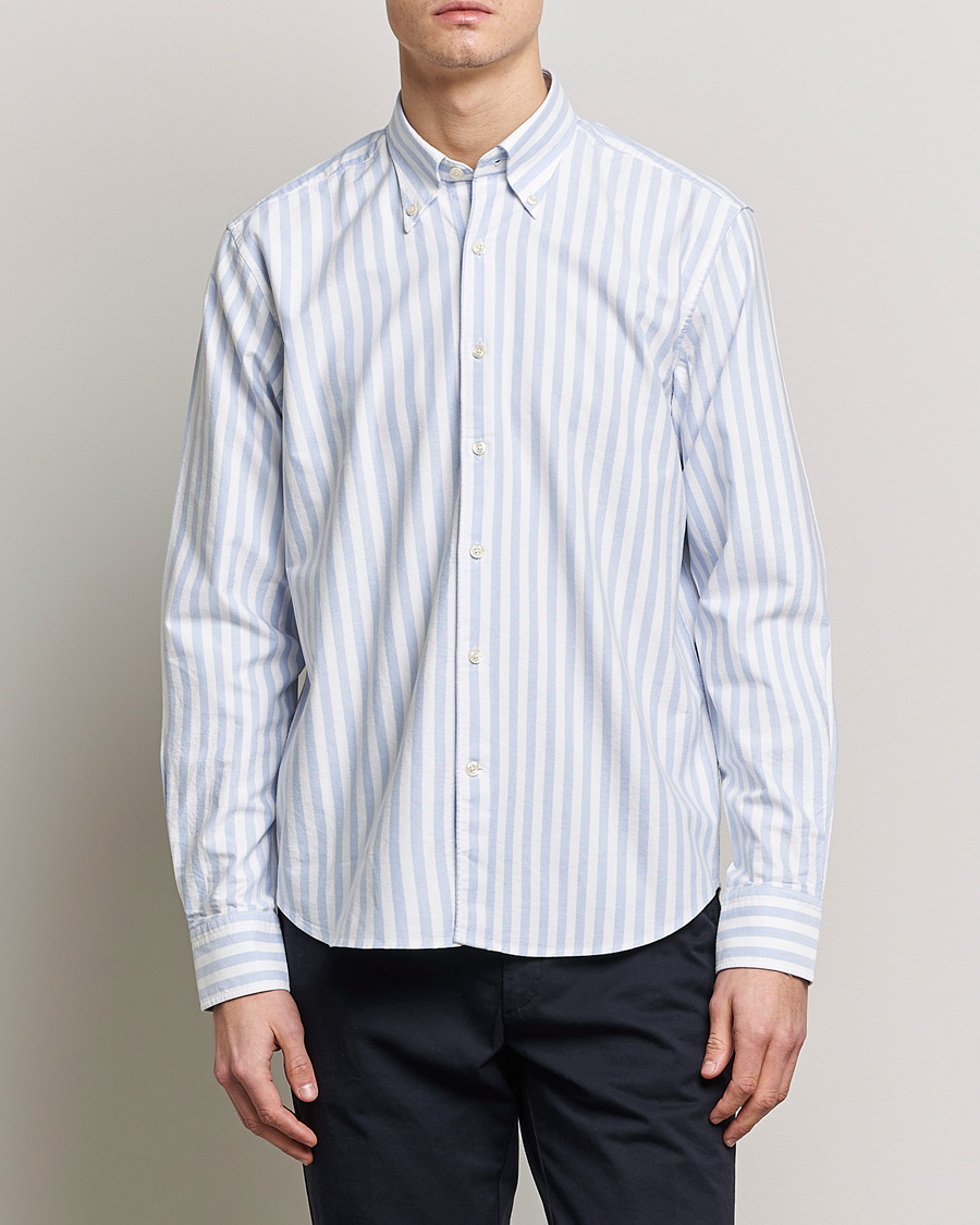 Herre |  | Oscar Jacobson | Regular Fit Button Down Striped Oxford Shirt Blue