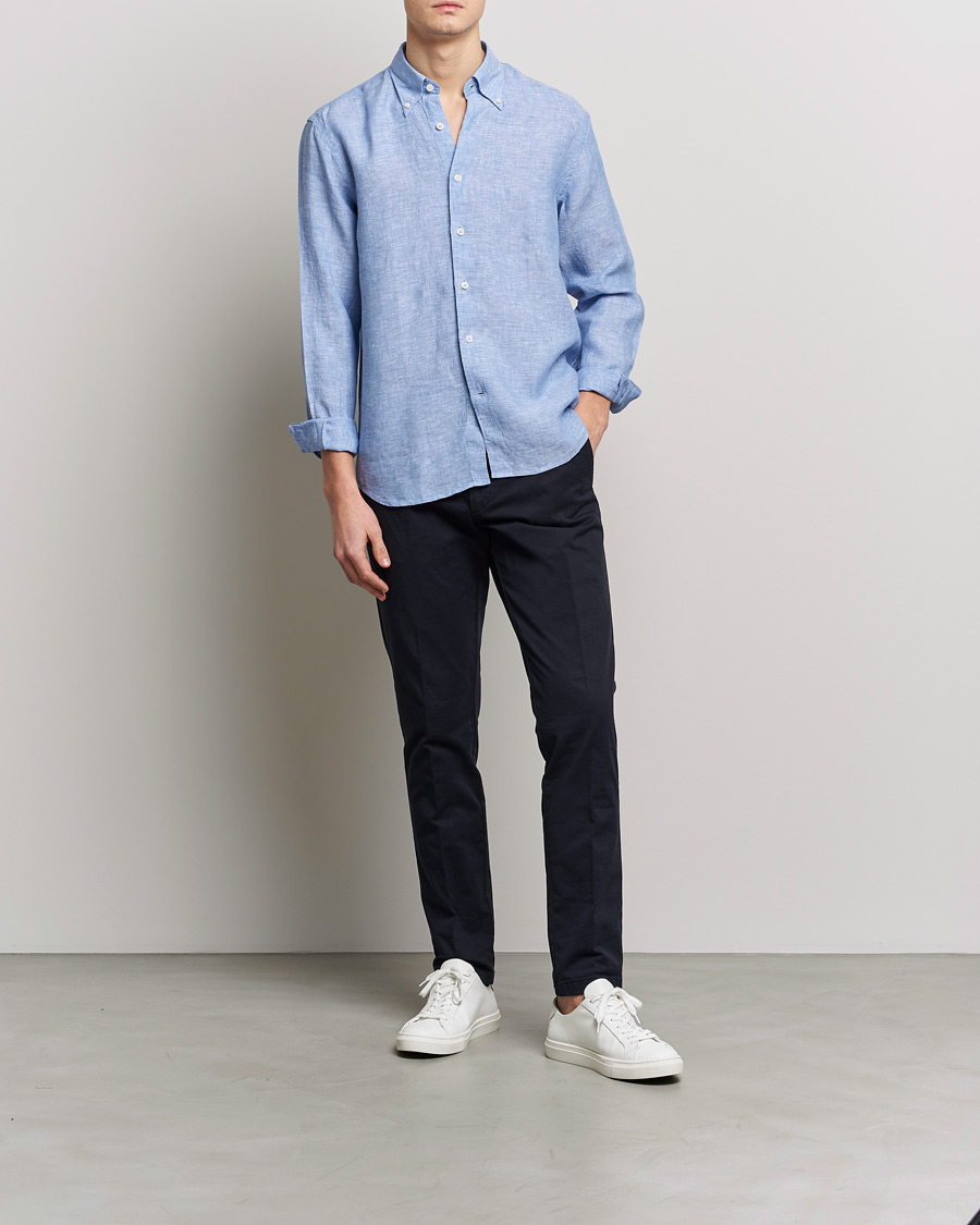 Herre | Skjorter | Oscar Jacobson | Regular Fit Button Down Linen Shirt Blue