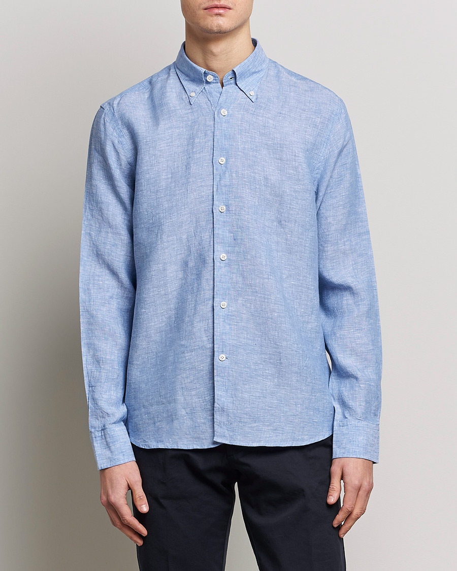 Herre |  | Oscar Jacobson | Regular Fit Button Down Linen Shirt Light Blue