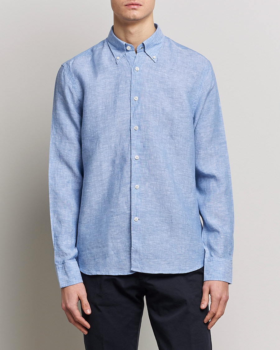 Herre | Linskjorter | Oscar Jacobson | Regular Fit Button Down Linen Shirt Blue