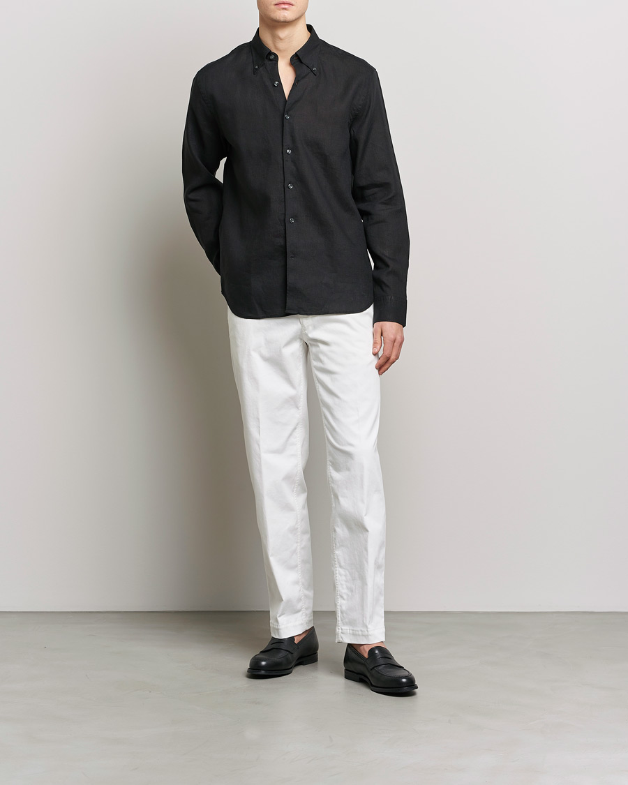 Herre | Skjorter | Oscar Jacobson | Regular Fit Button Down Linen Shirt Black