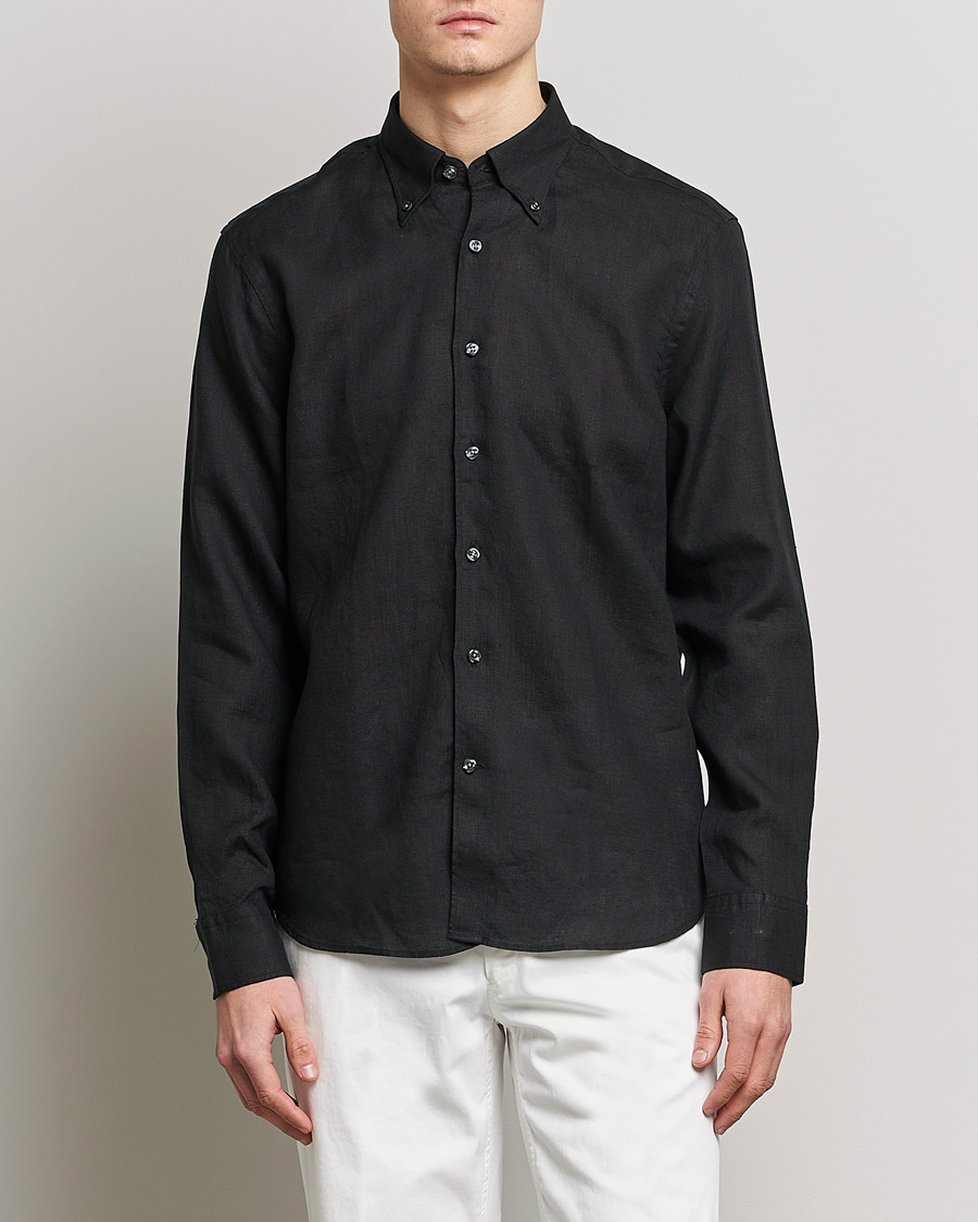 Herre | Linskjorter | Oscar Jacobson | Regular Fit Button Down Linen Shirt Black