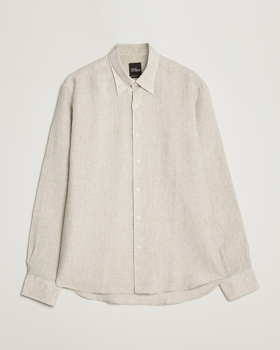 Herre | Skjorter | Oscar Jacobson | Regular Fit Button Down Linen Shirt Beige