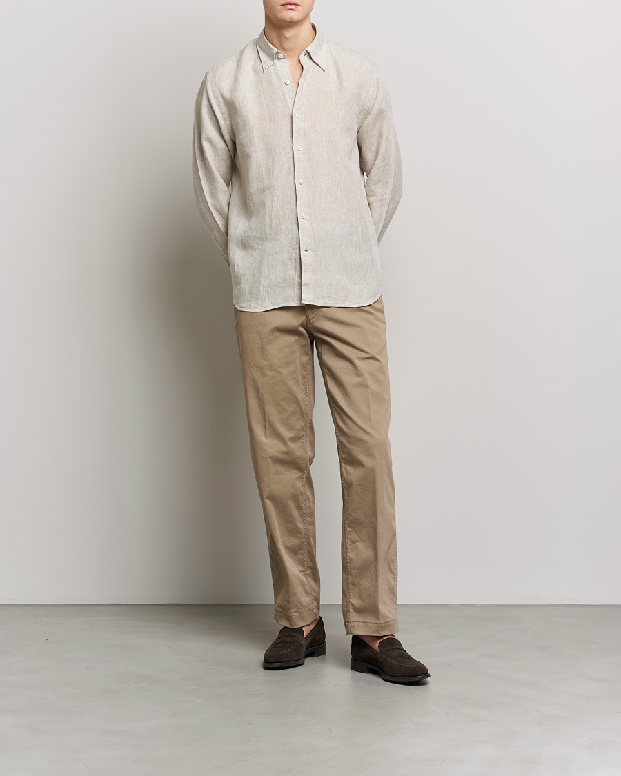 Herre | Skjorter | Oscar Jacobson | Regular Fit Button Down Linen Shirt Beige
