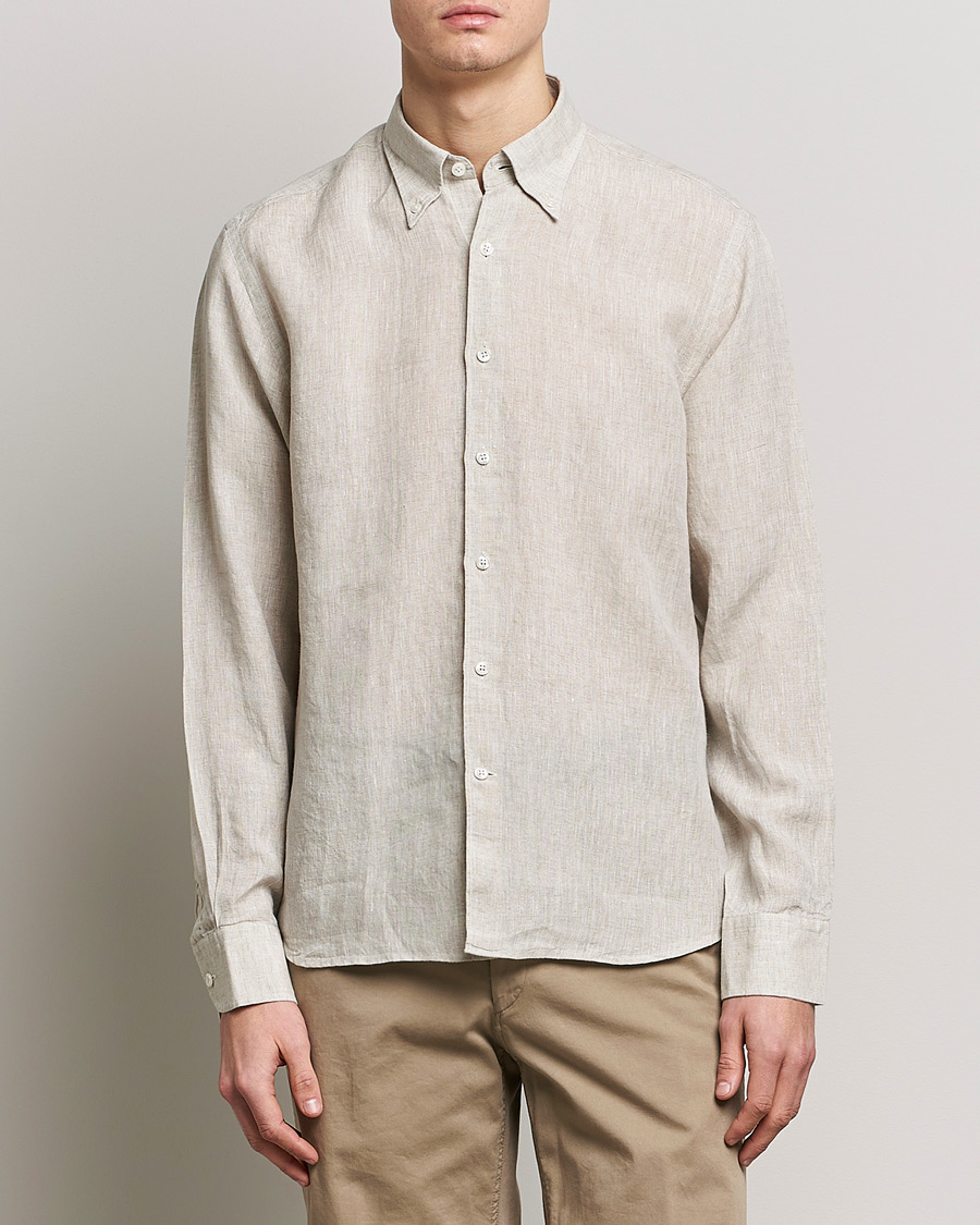 Herre | Linskjorter | Oscar Jacobson | Regular Fit Button Down Linen Shirt Beige