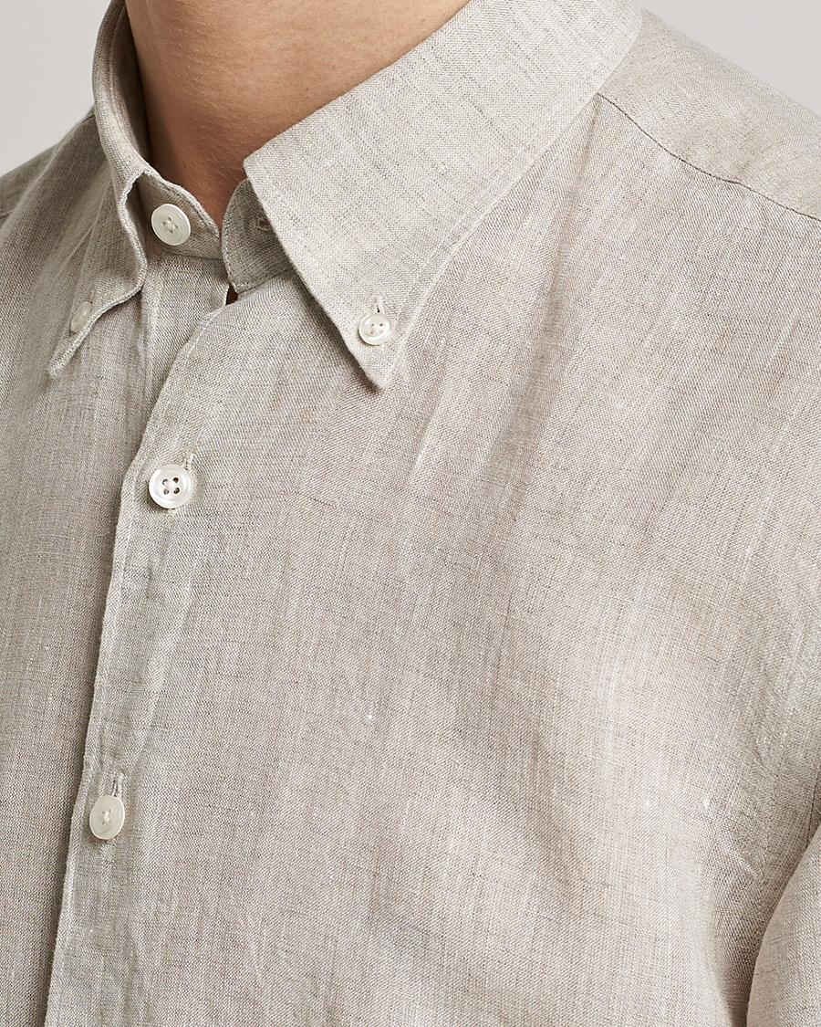 Herre | Skjorter | Oscar Jacobson | Regular Fit Button Down Linen Shirt Beige