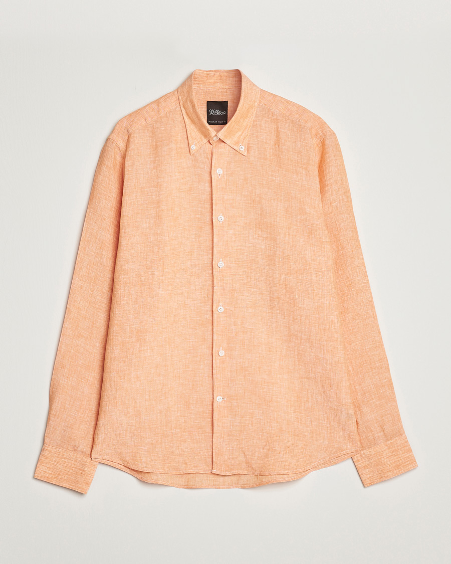Herre | Skjorter | Oscar Jacobson | Regular Fit Button Down Linen Shirt Orange