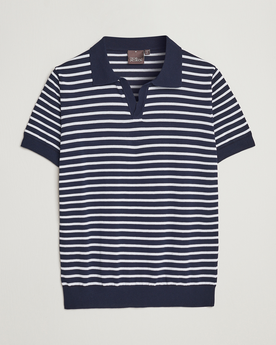 Herre | Pikéer | Oscar Jacobson | Devon Short Sleeve Striped Cotton Polo White/Blue