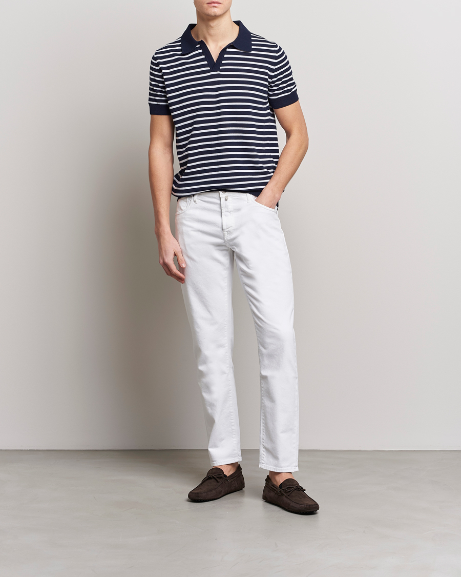 Herre | Pikéer | Oscar Jacobson | Devon Short Sleeve Striped Cotton Polo White/Blue