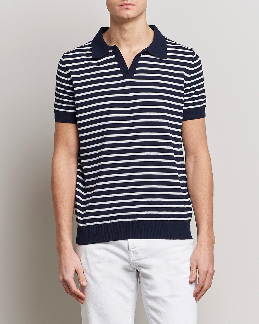 Herre |  | Oscar Jacobson | Devon Short Sleeve Striped Cotton Polo White/Blue
