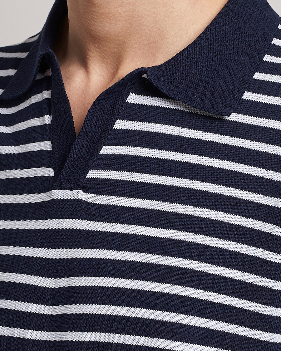 Herre | Pikéer | Oscar Jacobson | Devon Short Sleeve Striped Cotton Polo White/Blue