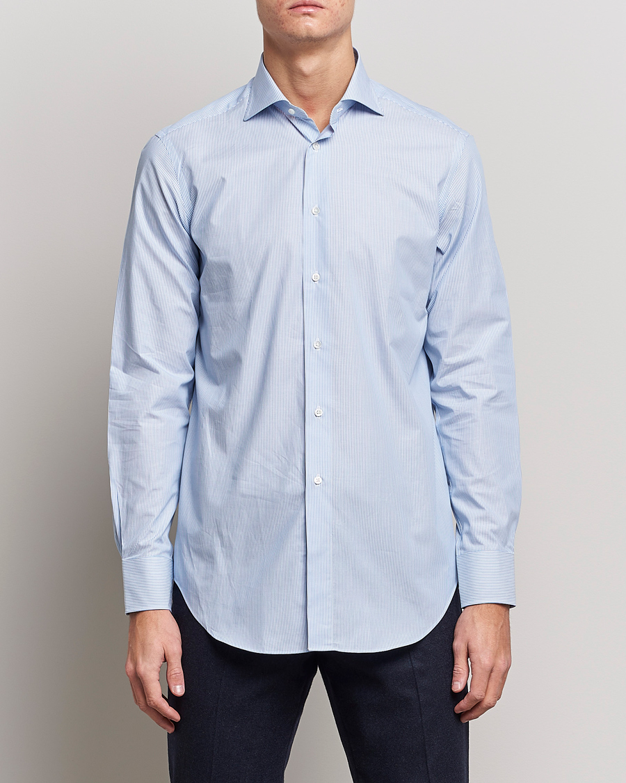 Herre | Klær | Kamakura Shirts | Slim Fit Striped Broadcloth Shirt Light Blue