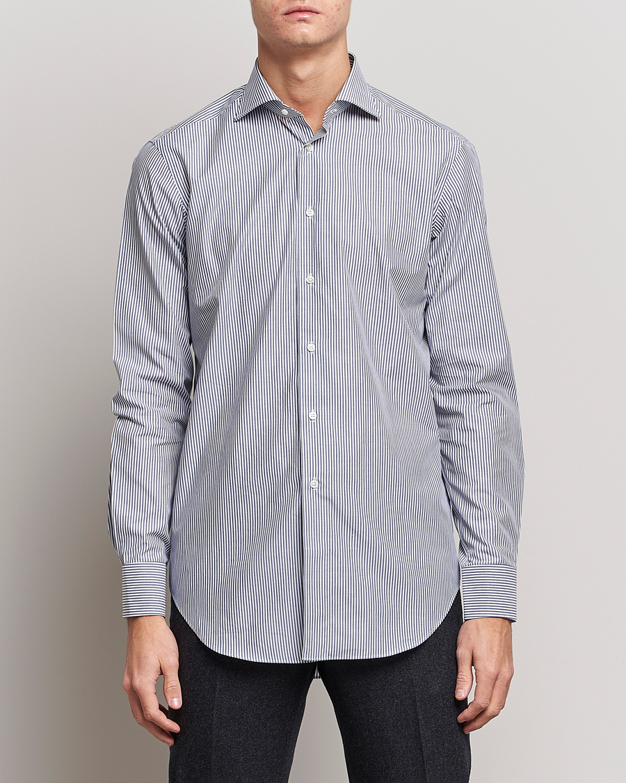 Herre | Skjorter | Kamakura Shirts | Slim Fit Striped Broadcloth Shirt Navy