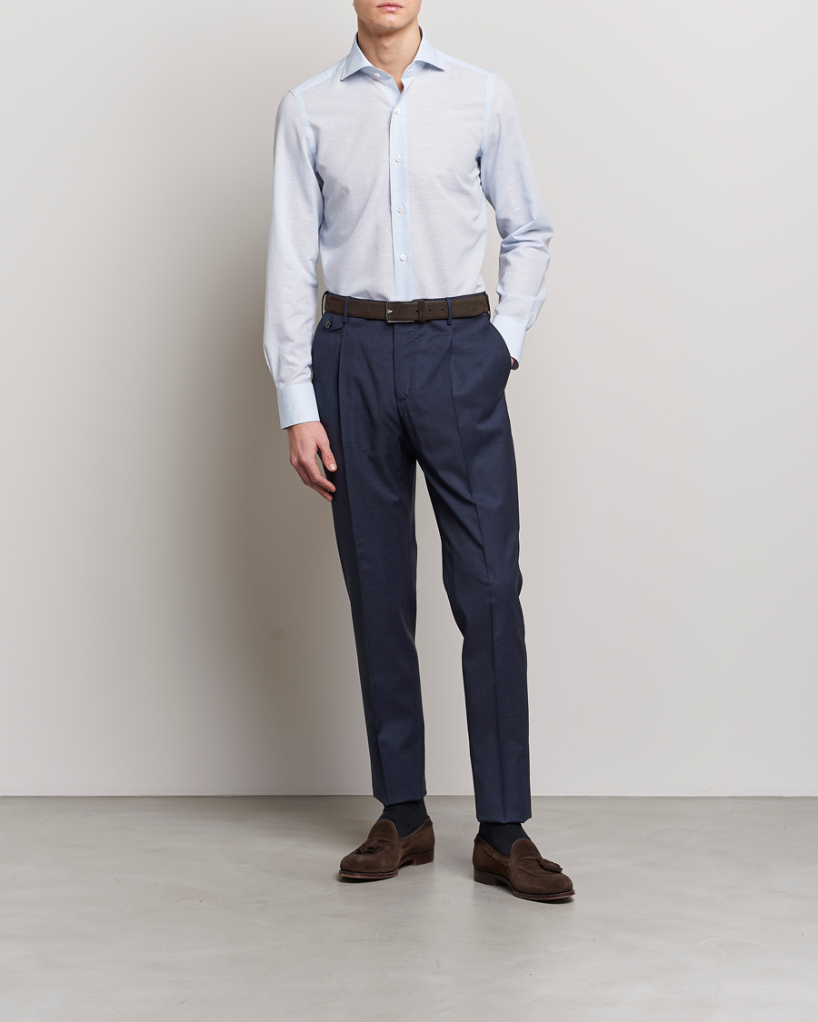 Herre | Skjorter | Finamore Napoli | Milano Slim Linen Dress Shirt Light Blue