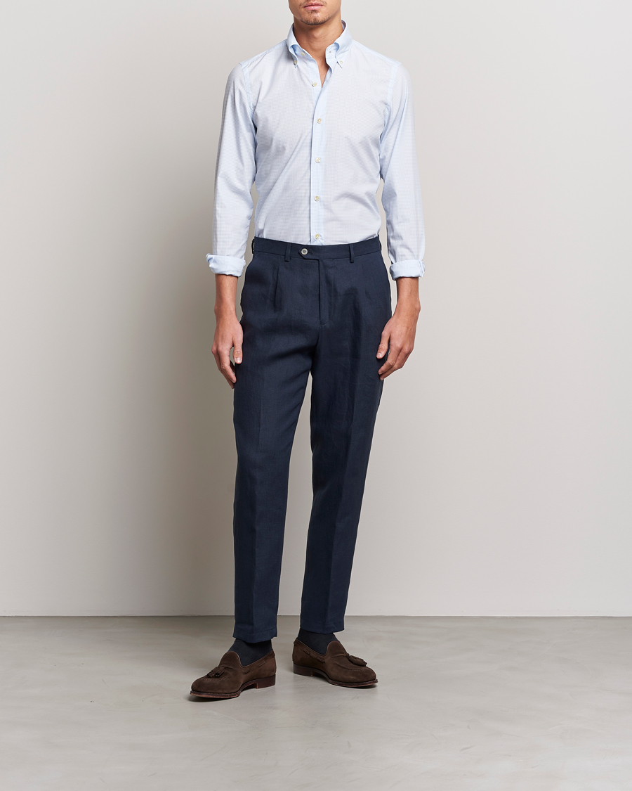 Herre | Skjorter | Finamore Napoli | Milano Slim Washed Dress Shirt Light Blue Check