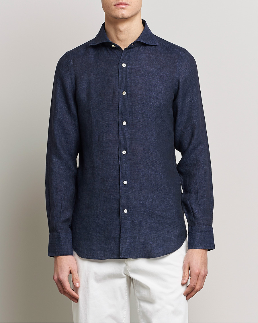 Herre | Skjorter | Finamore Napoli | Tokyo Slim Linen Shirt Navy