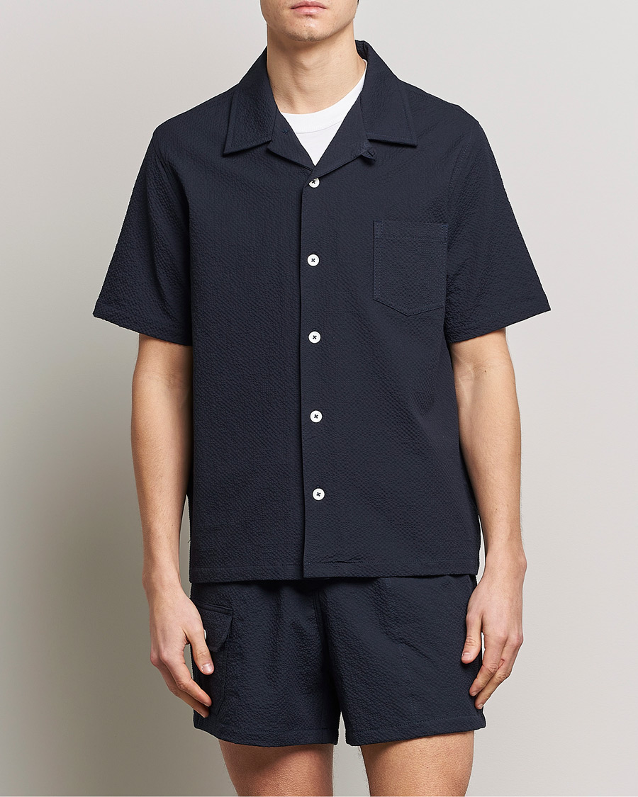 Herre |  | Howlin' | Short Sleeve Cotton Seersucker Shirt Navy