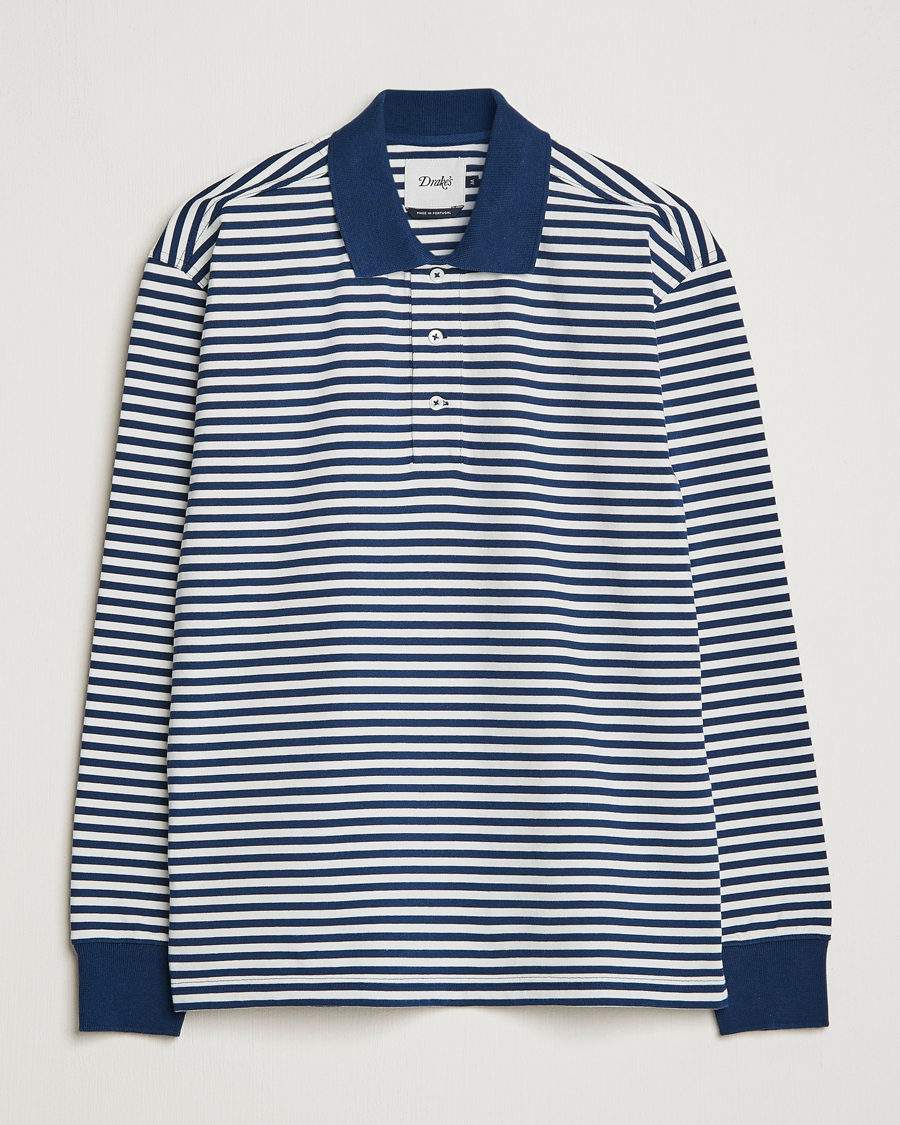 Herre | Gensere | Drake's | Striped Long Sleeve Jersey Polo White/Navy