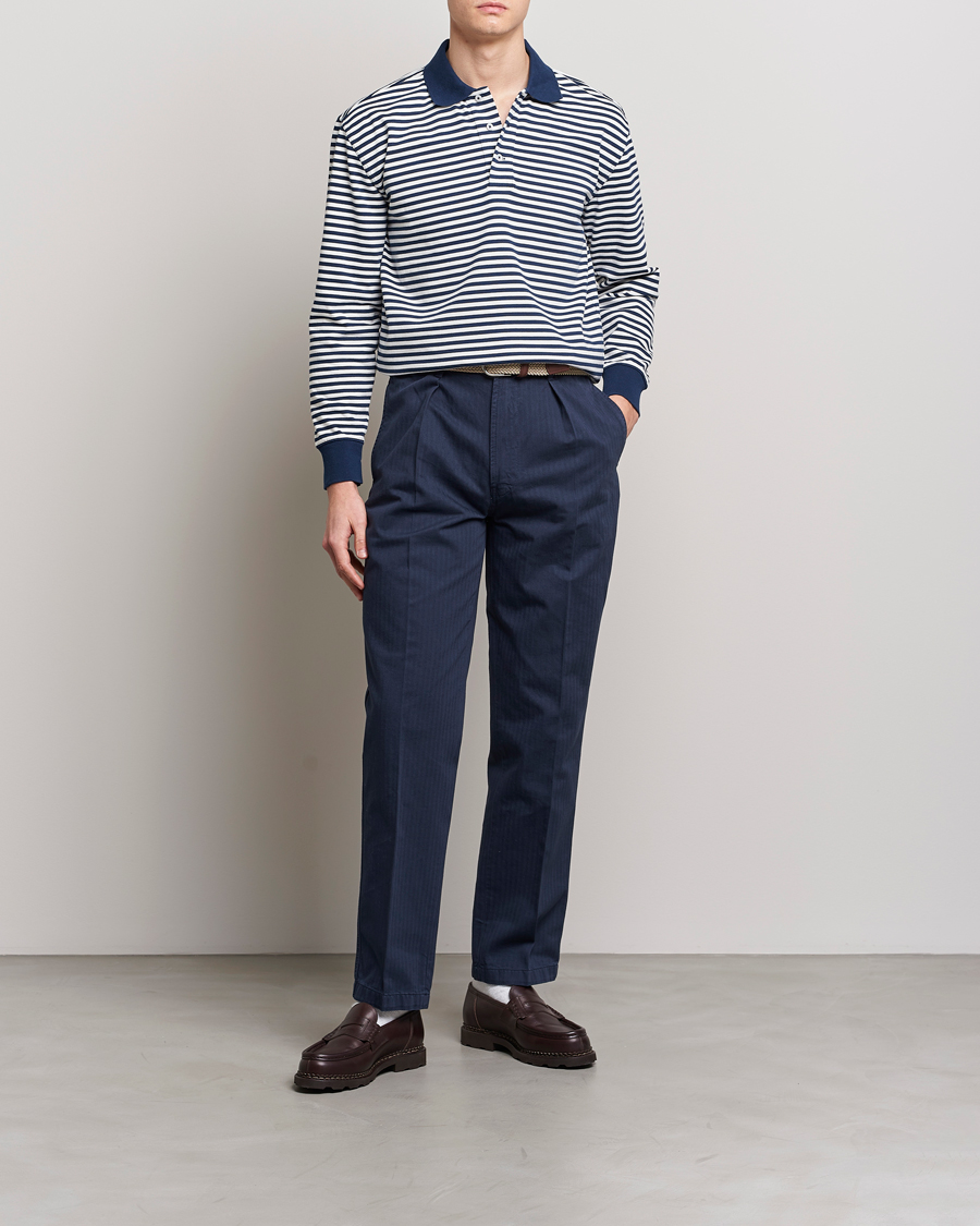 Herre | Gensere | Drake's | Striped Long Sleeve Jersey Polo White/Navy