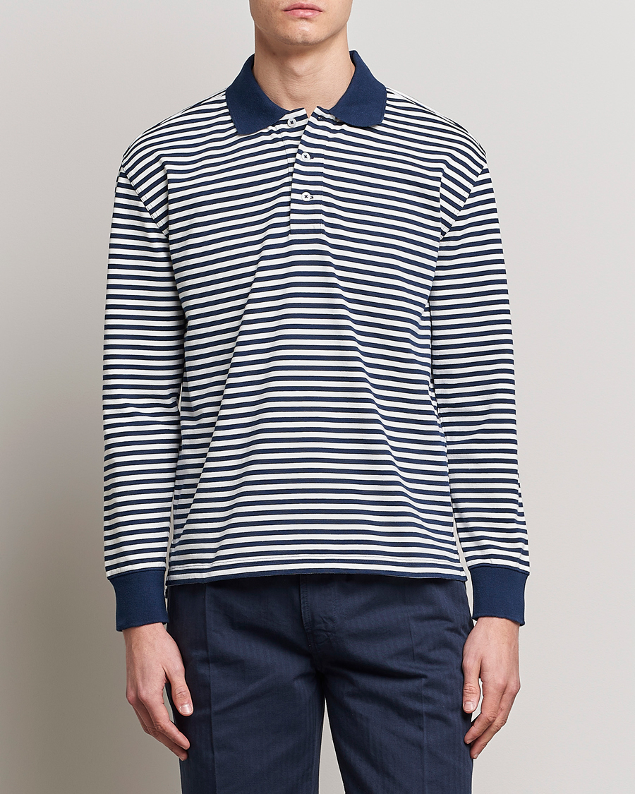 Herre |  | Drake's | Striped Long Sleeve Jersey Polo White/Navy