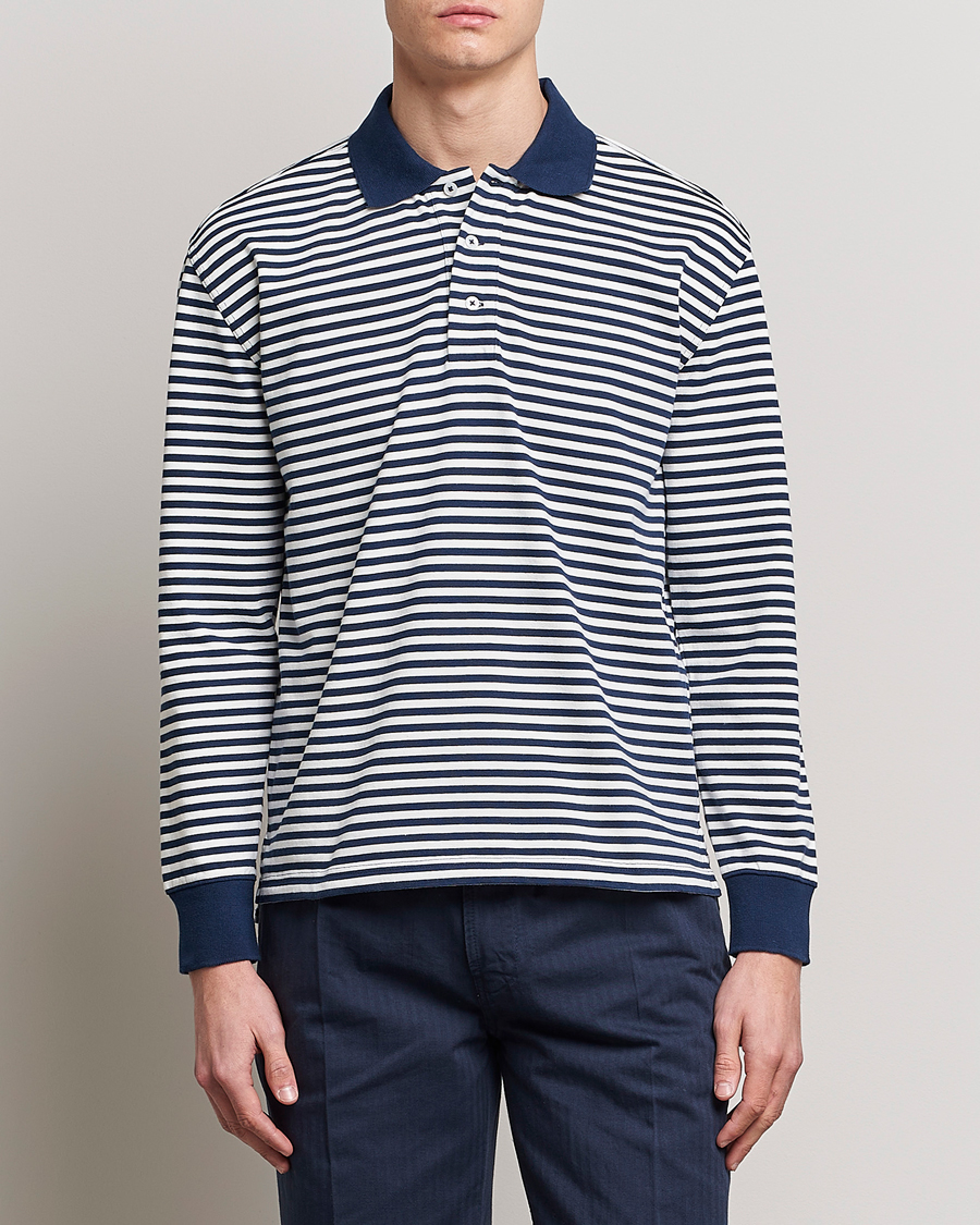 Herre | Gensere | Drake's | Striped Long Sleeve Jersey Polo White/Navy