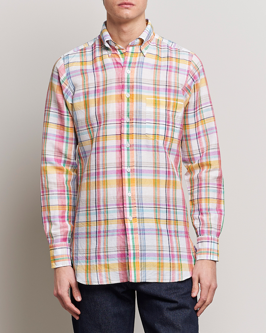 Herre | Skjorter | Drake's | Checked Button Down Linen Shirt Multi