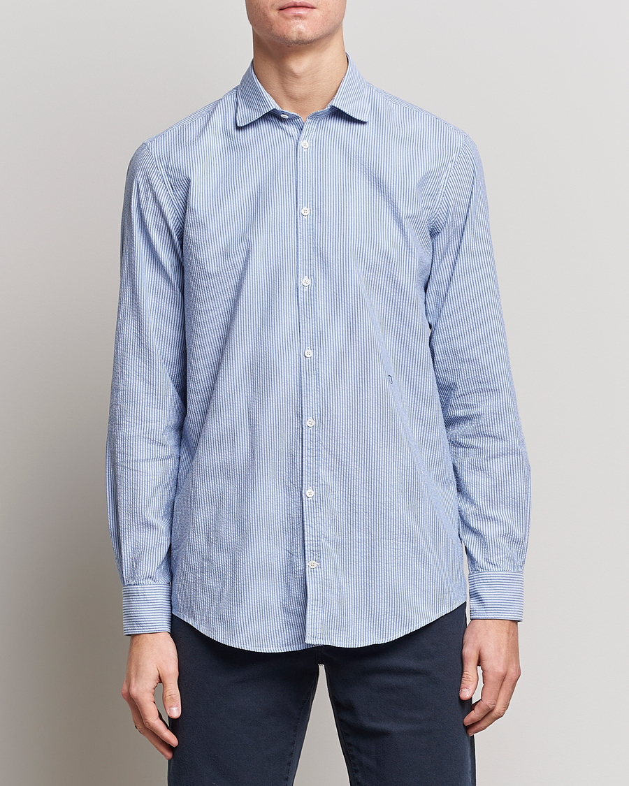 Herre |  | Massimo Alba | Canary Striped Seersucker Shirt Blue