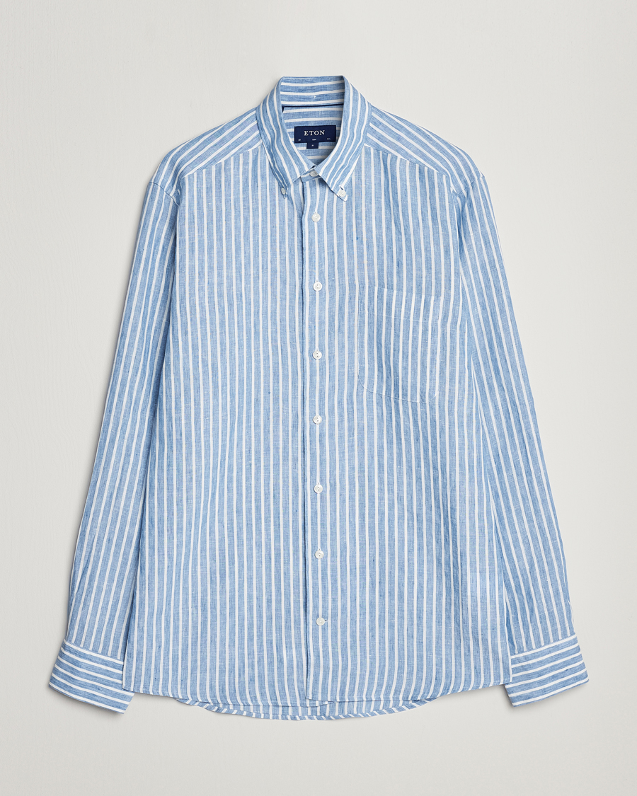Herre | Skjorter | Eton | Slim Fit Striped Linen Shirt Mid Blue