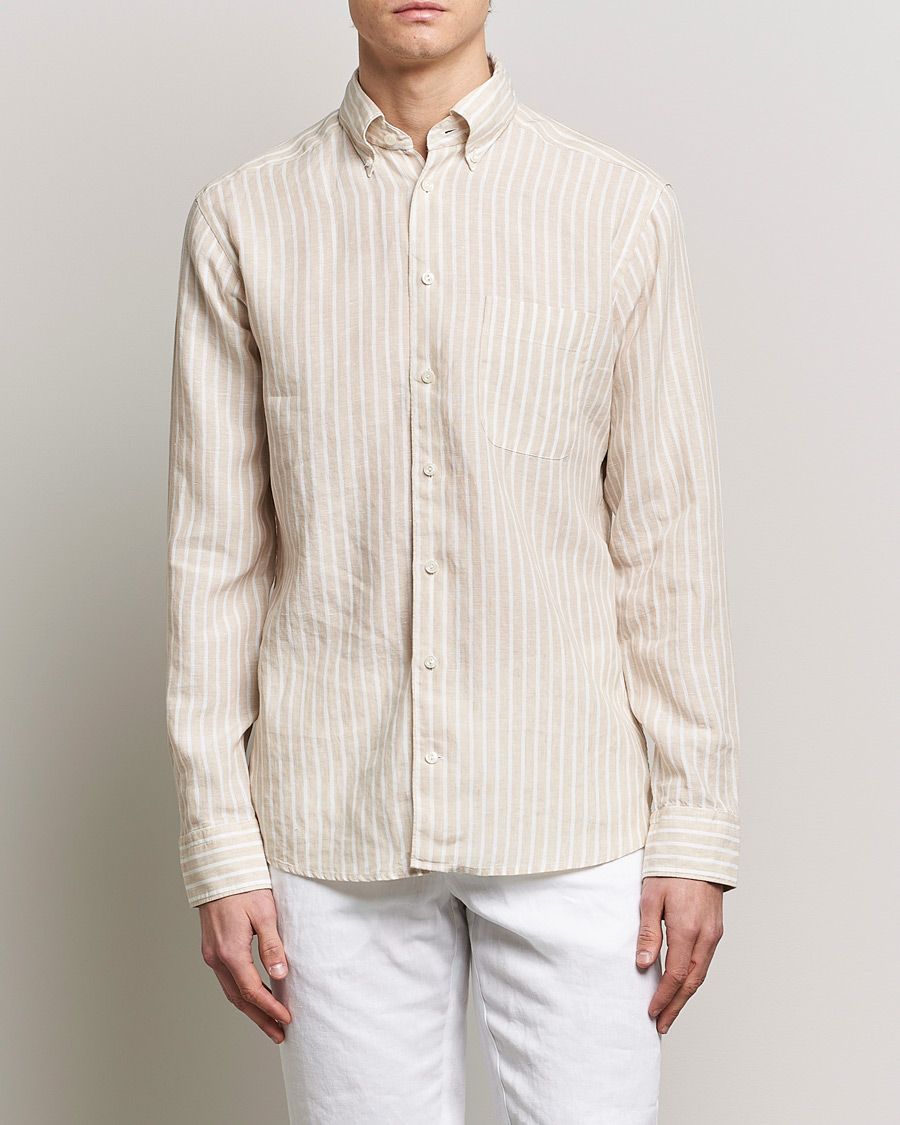 Herre |  | Eton | Slim Fit Striped Linen Shirt Brown