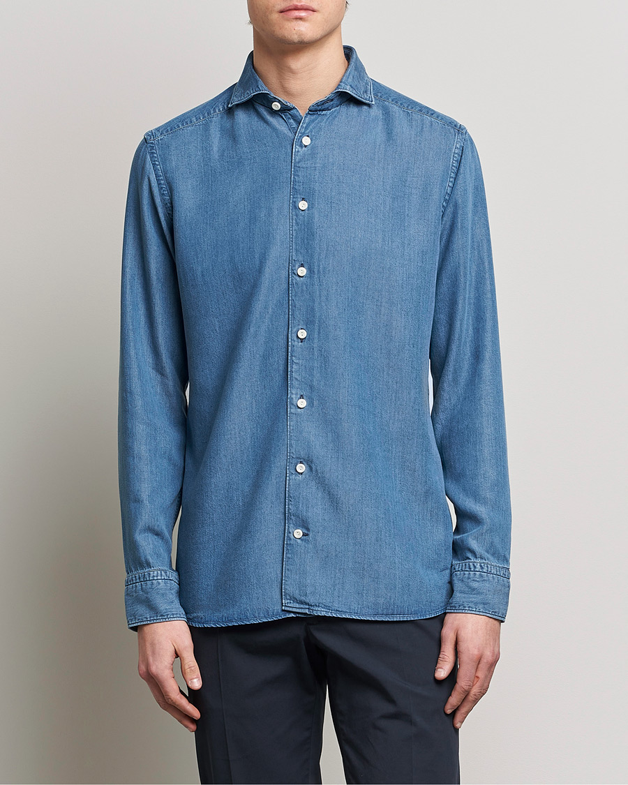 Herre |  | Eton | Light Denim Tencel Shirt Navy Blue