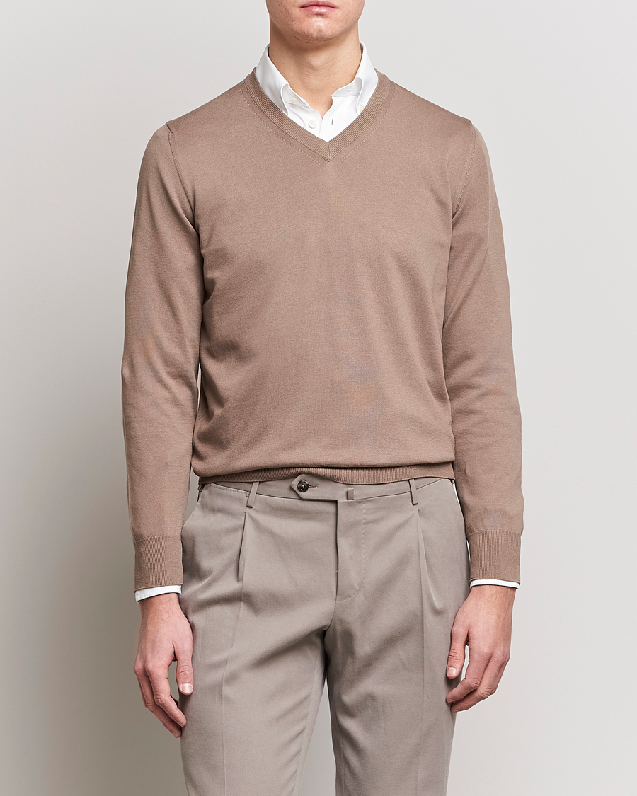 Herre | Pullovers v-hals | Canali | Cotton V-Neck Pullover Brown