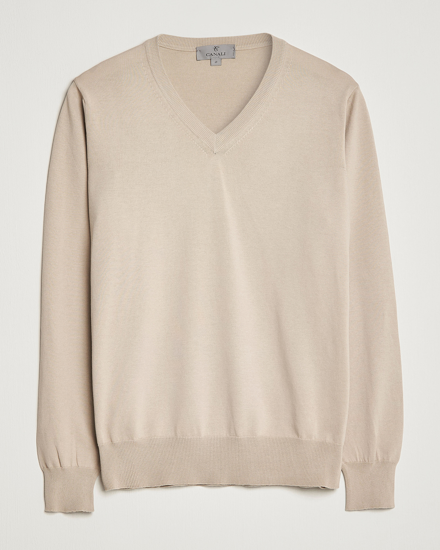 Herre | Gensere | Canali | Cotton V-Neck Pullover Beige