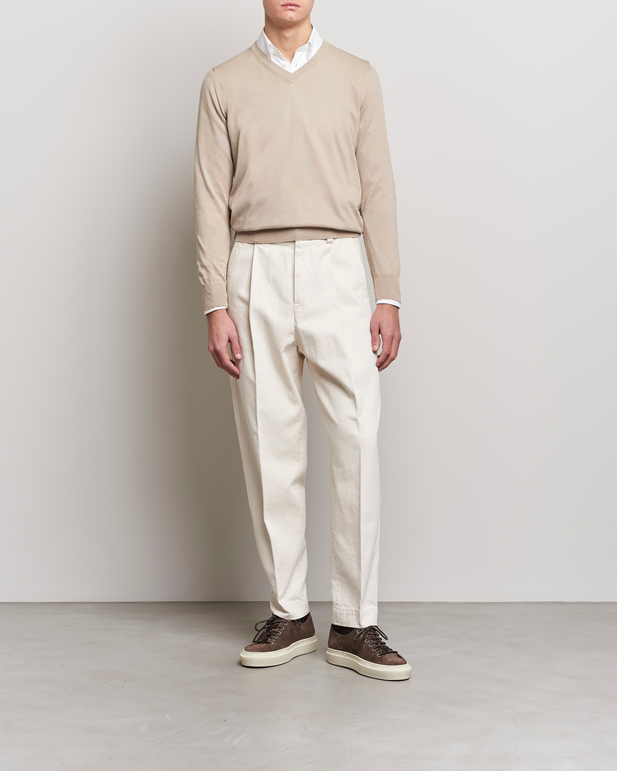 Herre | Gensere | Canali | Cotton V-Neck Pullover Beige