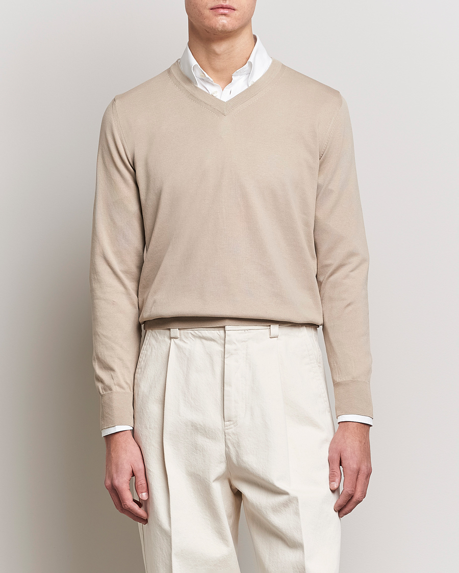 Herre | Quiet Luxury | Canali | Cotton V-Neck Pullover Beige