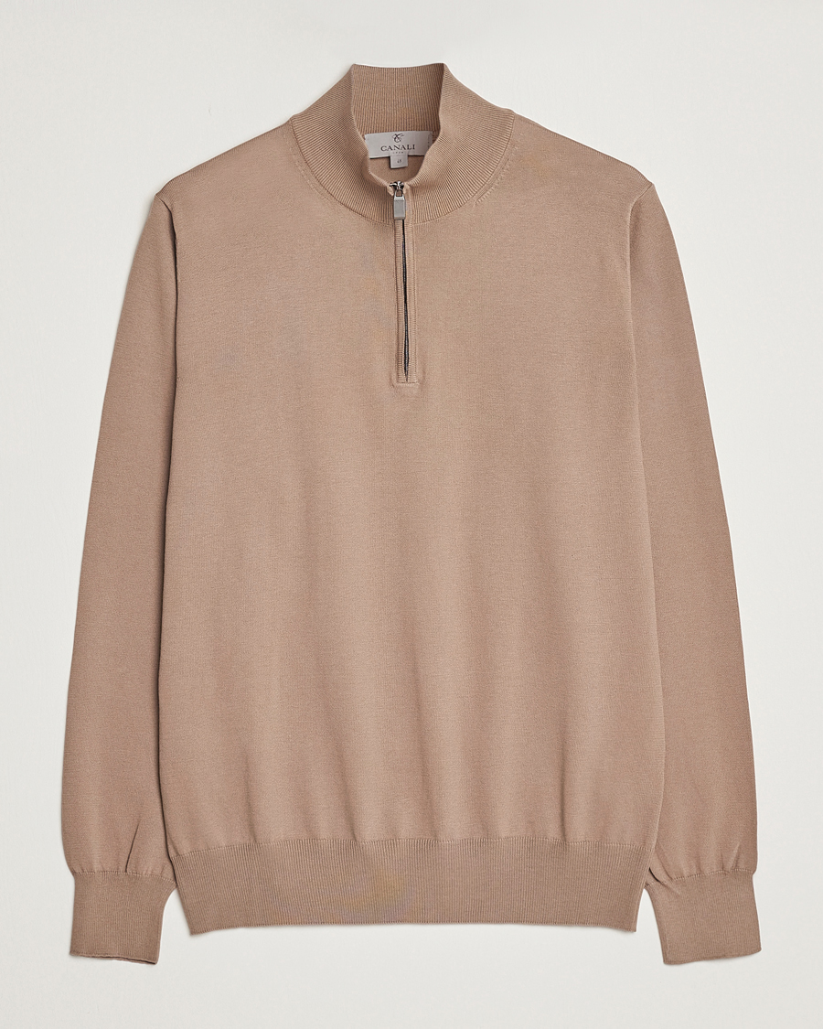 Herre | Gensere | Canali | Cotton Half Zip Sweater Brown