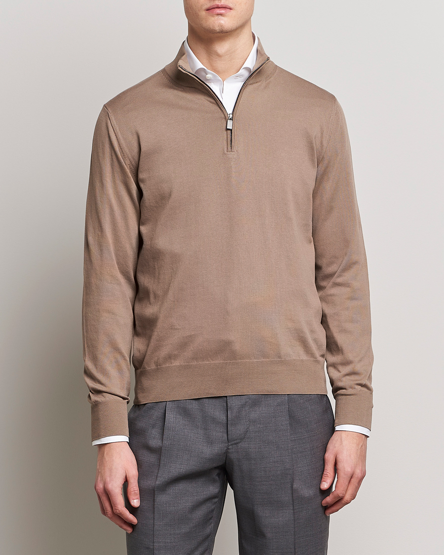 Herre | Gensere | Canali | Cotton Half Zip Sweater Brown