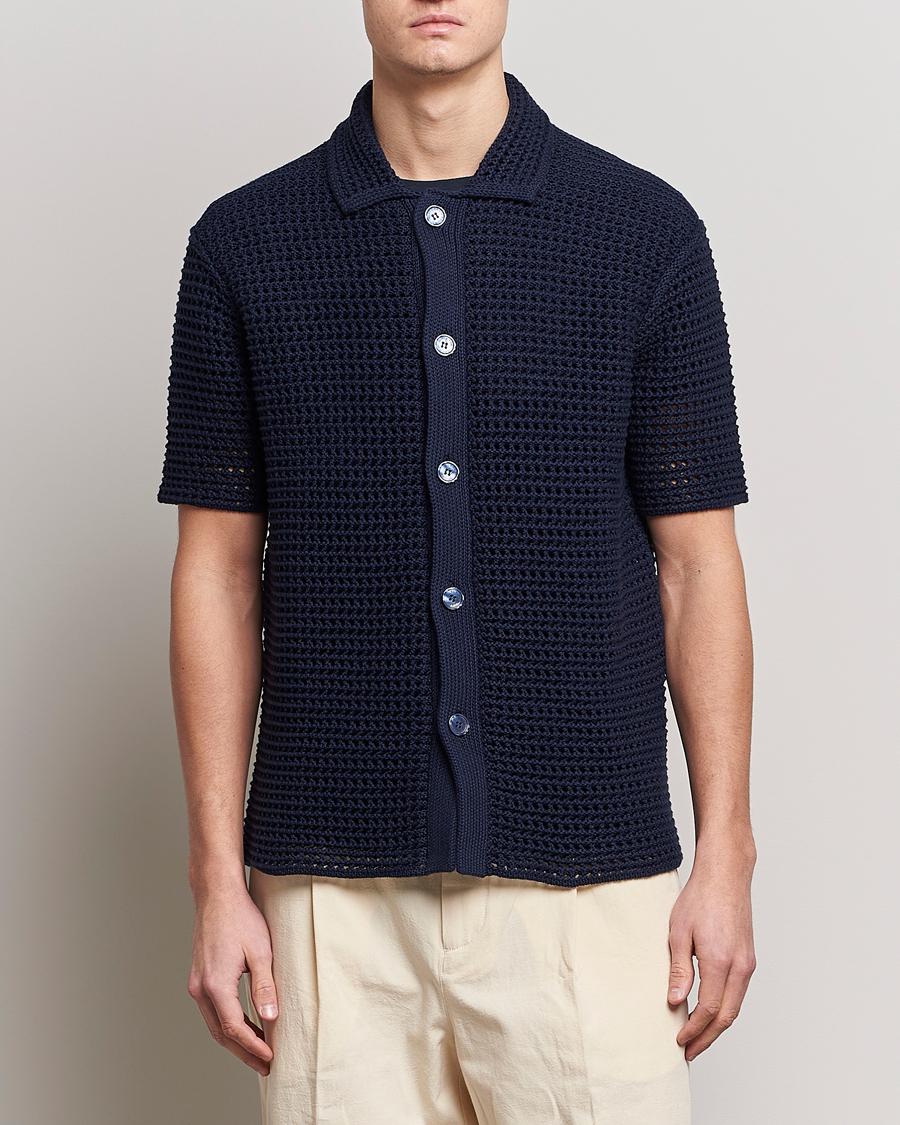 Herre | Orlebar Brown | Orlebar Brown | Thomas Crochet Heavy Knitted Cotton Shirt Night Iris