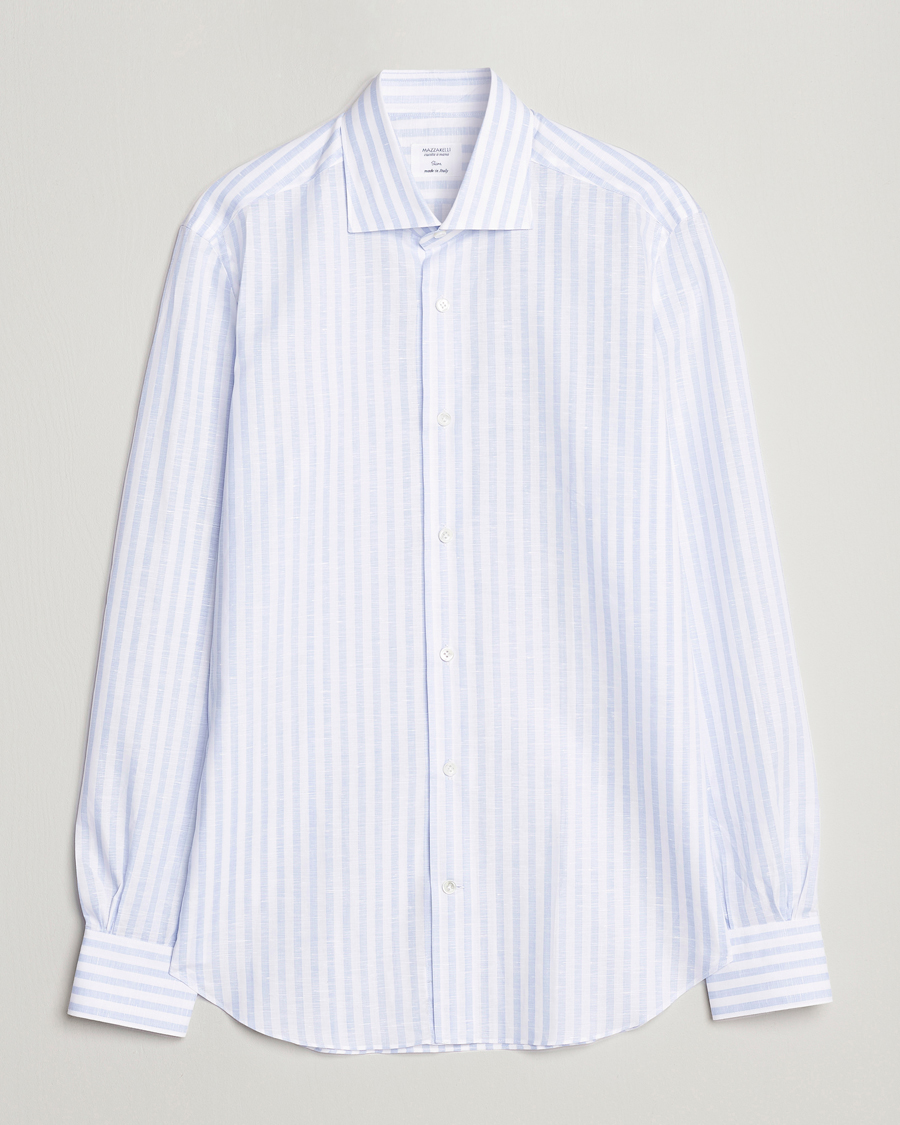 Herre | Skjorter | Mazzarelli | Soft Cotton/Linen Shirt Light Blue Stripe