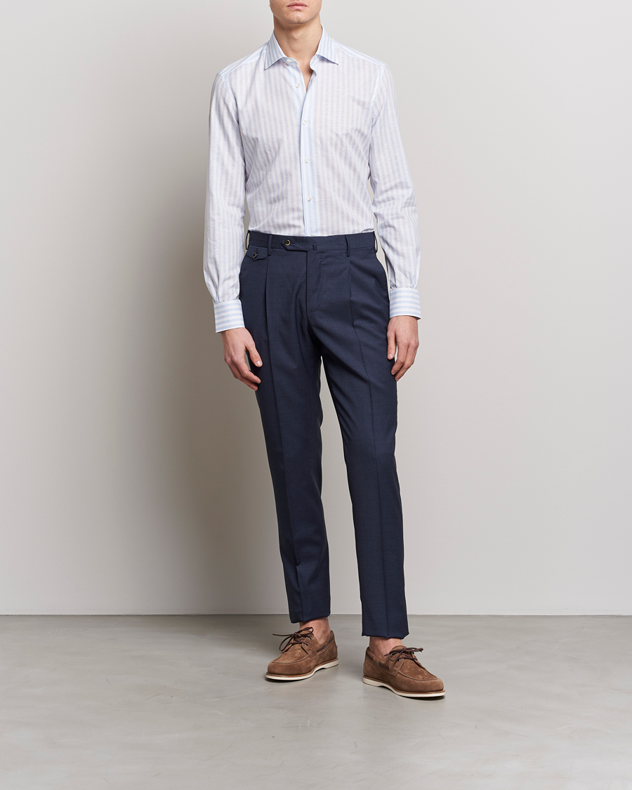 Herre | Skjorter | Mazzarelli | Soft Cotton/Linen Shirt Light Blue Stripe