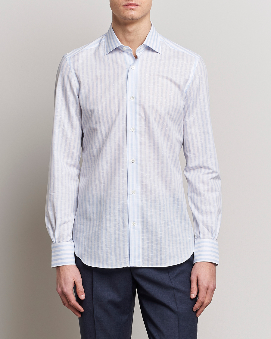 Herre | Linskjorter | Mazzarelli | Soft Cotton/Linen Shirt Light Blue Stripe